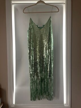 Sequined Fringe Midi Slip Dress - Green